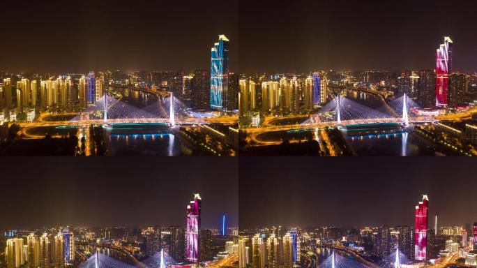 武汉长江江滩繁华 灯光秀夜景环绕航拍延时