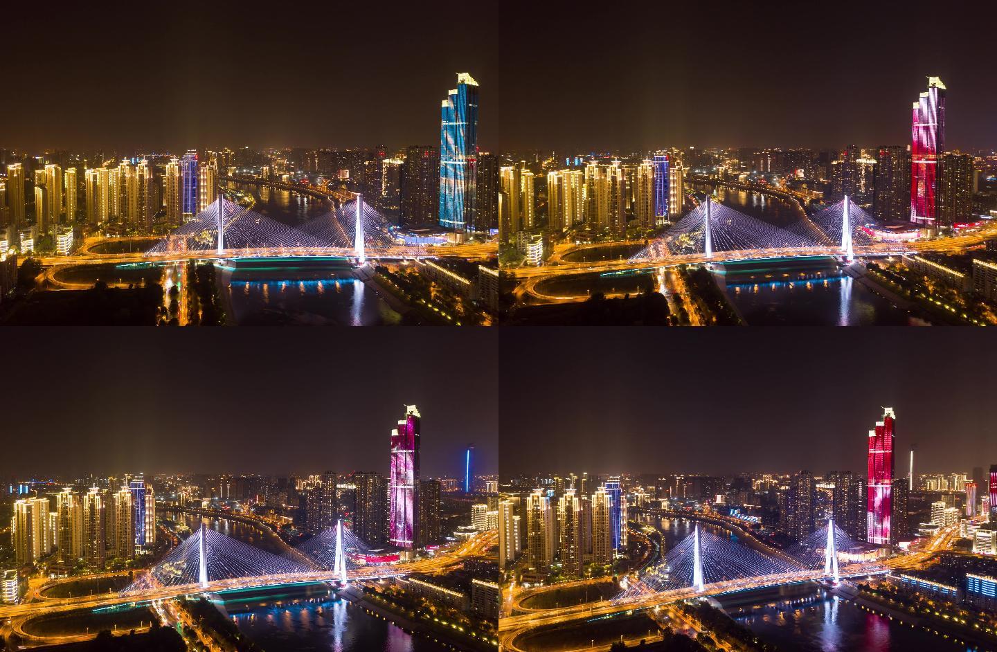 武汉长江江滩繁华 灯光秀夜景环绕航拍延时