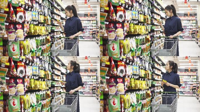 年轻中国女性在超市选购调味品