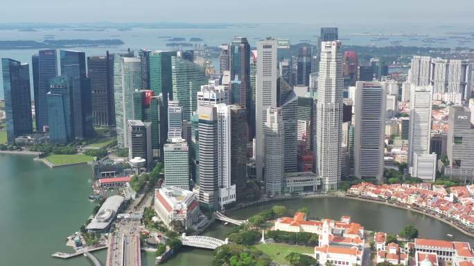新加坡白天鸟瞰图高楼大厦CBD沿海海洋国