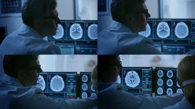 医生和放射科医生在观察讨论脑部CT结果