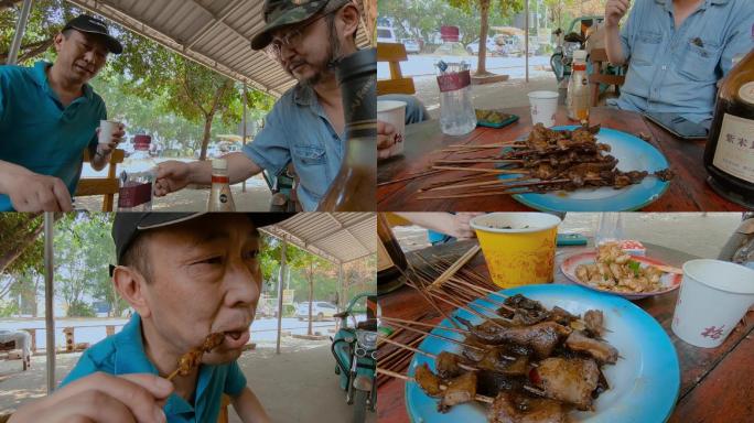 中缅边境烧烤摊吃肉喝酒撸串特写视频