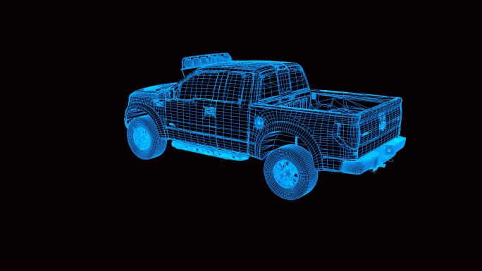 全息科技蓝色线框福特大型皮卡车动画带通道