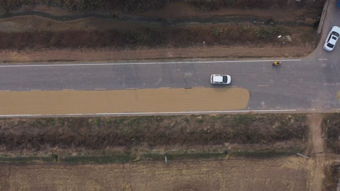 航拍柏油路晾晒谷物粮食小麦
