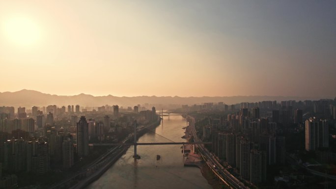 重庆沙滨路石门大桥高家花园大桥夕阳航拍
