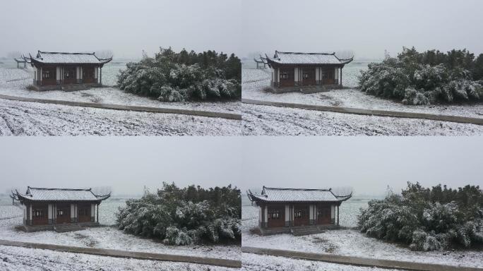 航拍梁祝公园白雪