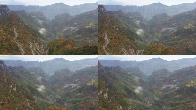 太行屋脊村庄盘山公路漫山红叶航拍空镜