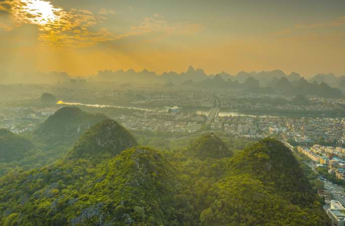 桂林风景山水城市航拍延时七星公园大气