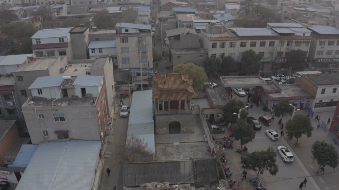 许昌古钧台禹王庙大殿航拍远景环绕