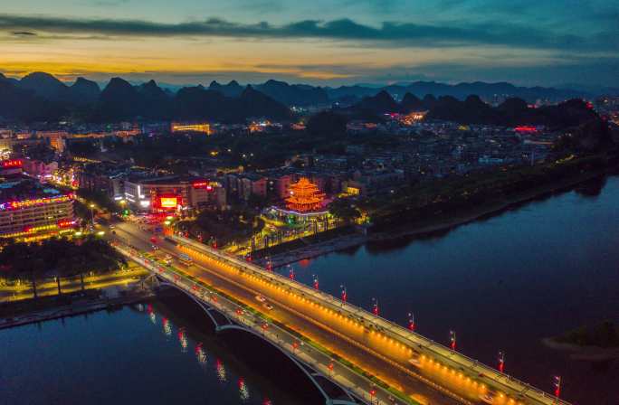 桂林解放桥夜景风景风光山水逍遥楼航拍延时