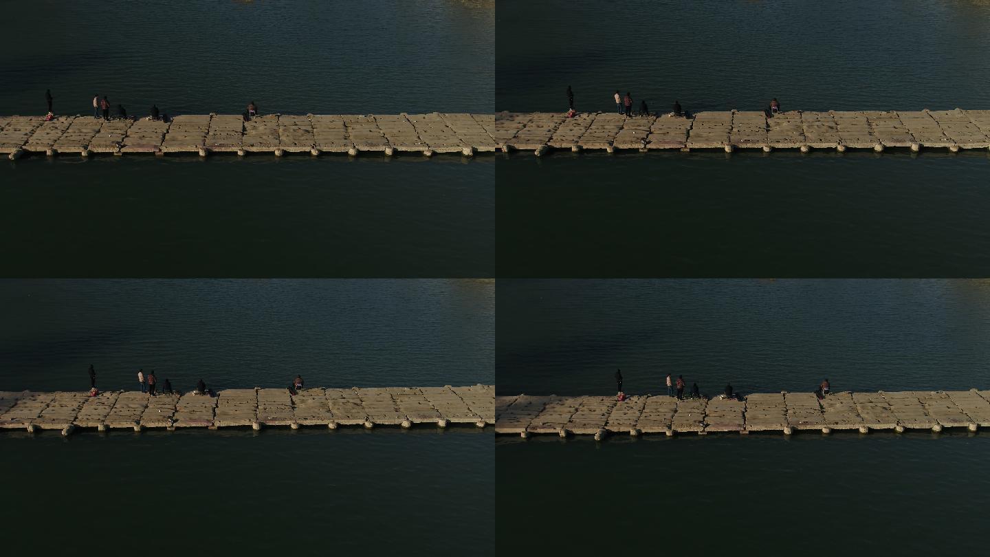 汝河河流虹桥上钓鱼的人航拍