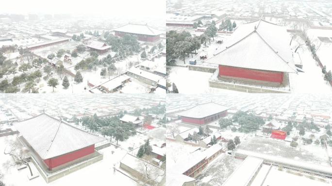 4K航拍雪中千年古刹奉国寺