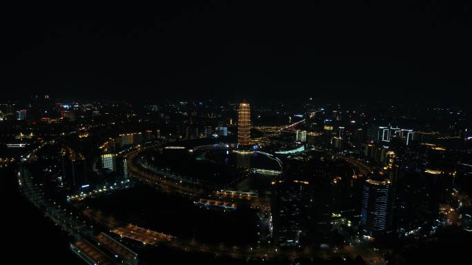 航拍夜晚的郑州大玉米楼艺术中心