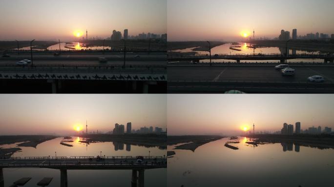 航拍夕阳下的洛河牡丹大桥