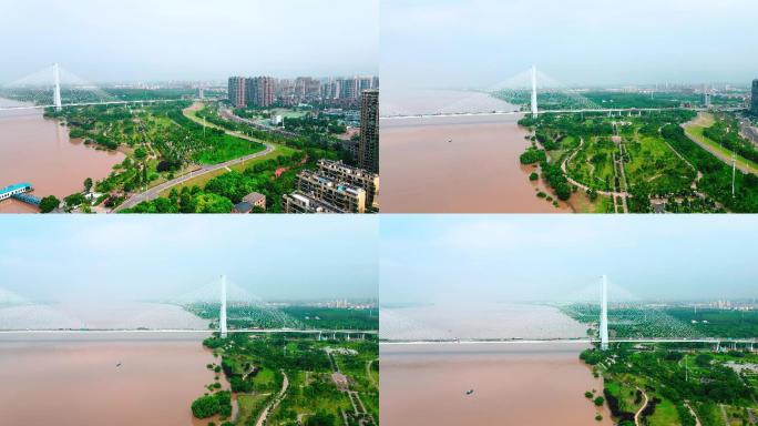 航拍荆州长江大桥，荆州滨江公园，长江风景