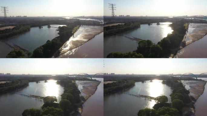 山东济南：航拍黄河湿地落日