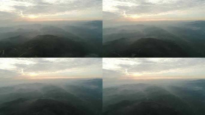 航拍山中日出太阳升起云雾