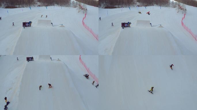 航拍张家口崇礼云顶滑雪场跳台滑雪表演