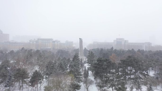 航拍长春雪中人民广场