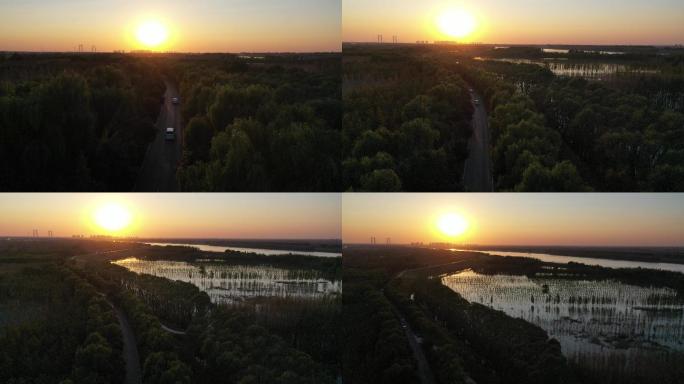 山东济南：航拍黄河大堤湿地落日