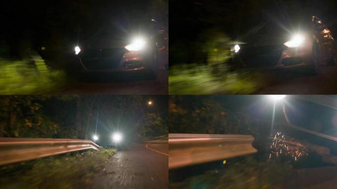 汽车山路驾驶特技开上护栏夜路视频