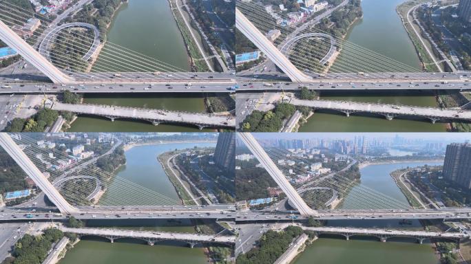 洪山大桥交通车流斜拉大桥航拍