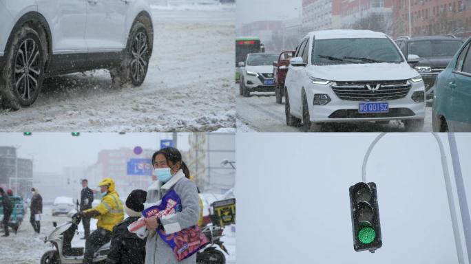 暴风雪十字路口车流、雪天下雪素材