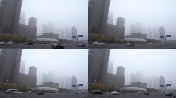 4K北京城市国贸建筑群大雾雾霾10