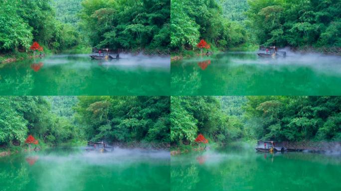 雾气缭绕湖泊，青山绿水