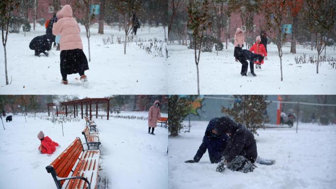 4K 下雪小区玩雪 孩子玩雪 一家人玩雪