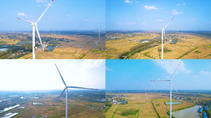航拍 新农村风力发电 电力风车