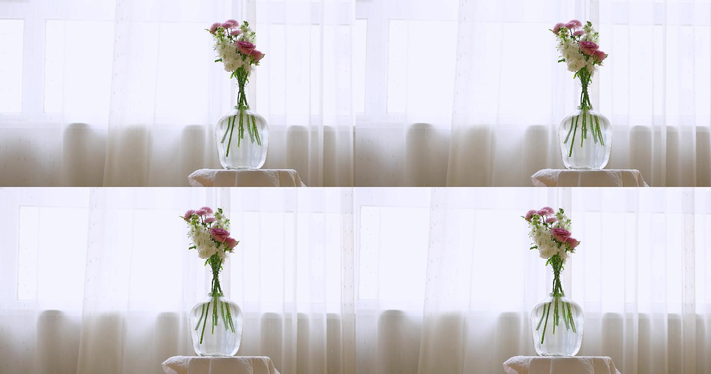 【8K正版素材】唯美阳光窗帘插花全景横移