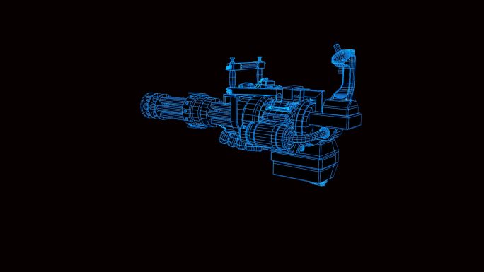 蓝色全息科技线框加特林机枪动画带通道