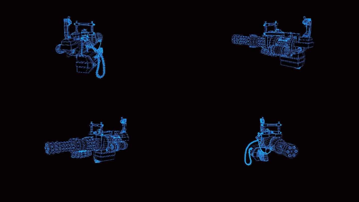 蓝色全息科技线框加特林机枪动画带通道