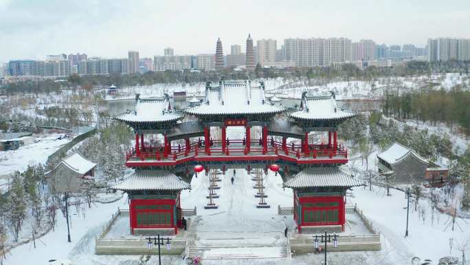 【4k】太原地标 双塔公园 初雪 永祚寺