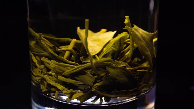 茶叶泡茶茶叶翻滚玻璃杯毛尖茶叶特写