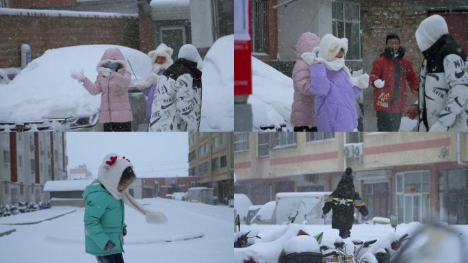 小孩在雪中玩雪打雪仗、下雪素材