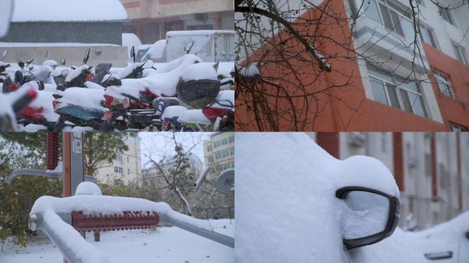 冬天小区雪景、下雪雪花暴风雪