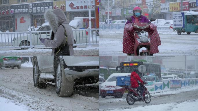 城市下大雪暴风雪中艰难的行人下雪素材