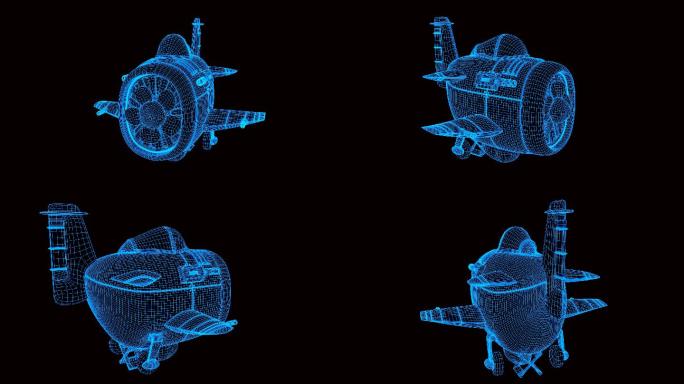 蓝色全息科技线框卡通飞机动画带通道