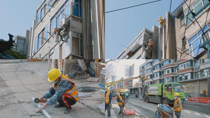 施工工人高空作业、街道施工