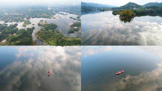 水库天空倒影渔船划船航拍