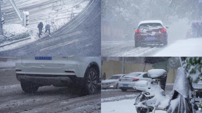 4K-雪天道路交通雪中车辆行人