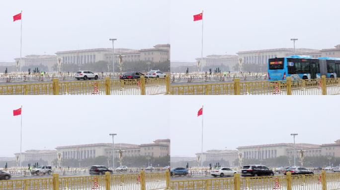 4K实拍下大雪人民大会堂五星红旗北京暴雪