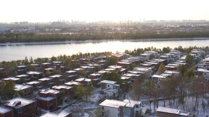 4k航拍河北三河市燕郊镇下雪北方雪景