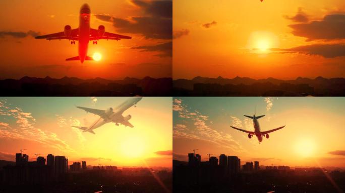 大气日出飞机起飞剪影意境素材企业宣传旅行