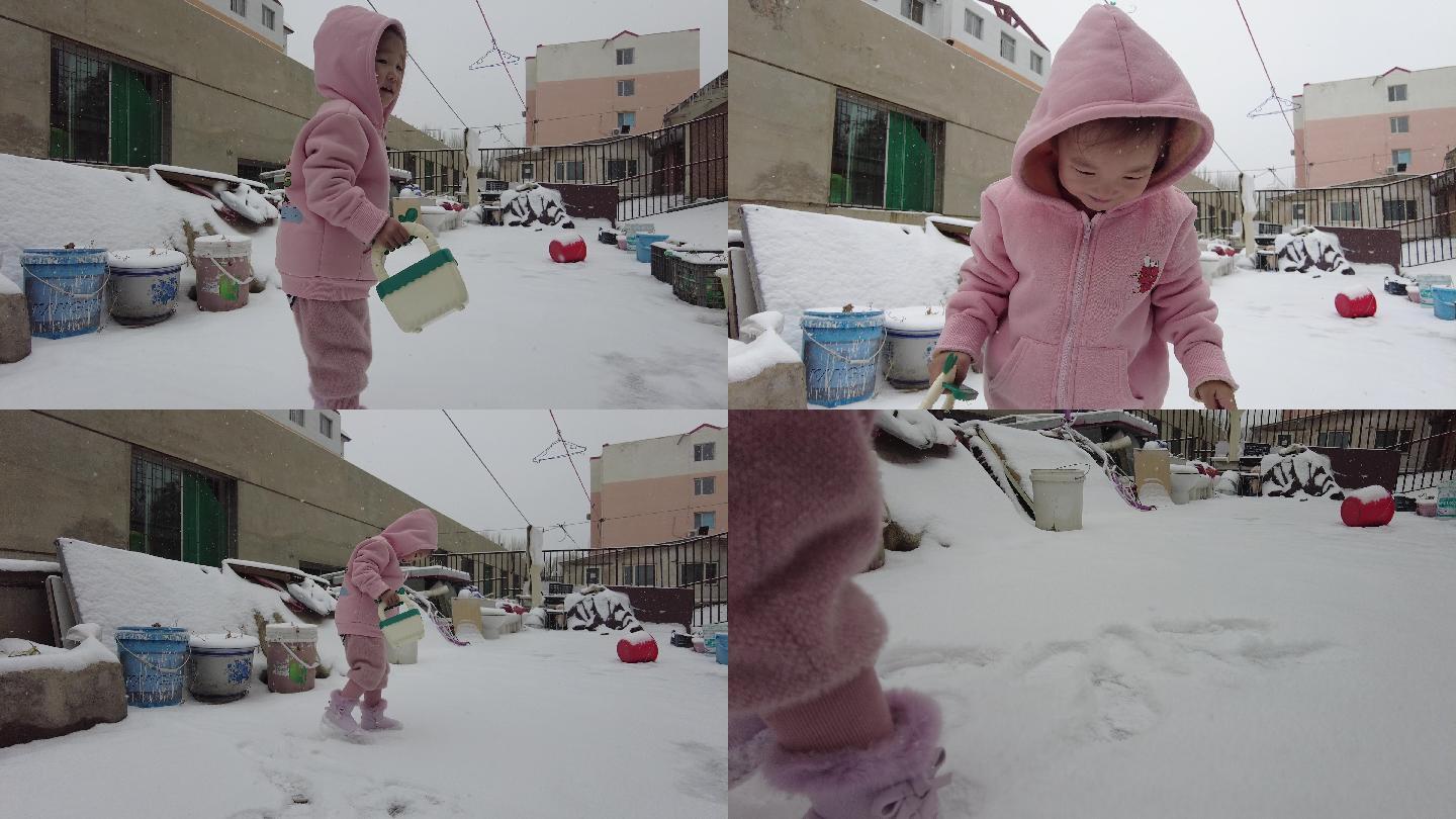 儿童雪地行走 踏雪 踩雪脚印