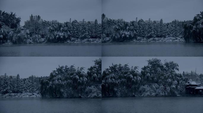 初雪后的济南大明湖景色