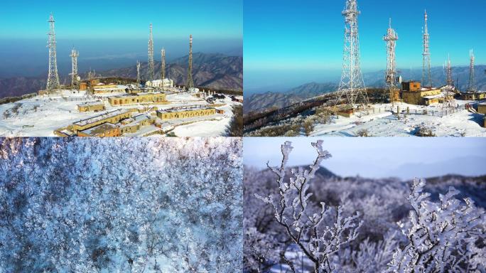 4K航拍雪立冬冬天山顶阳光大山下雪雪景