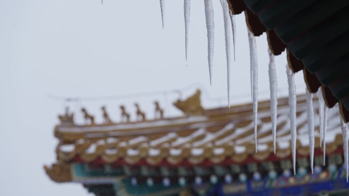 故宫雪景，屋檐下雪，冰溜子滴水特写